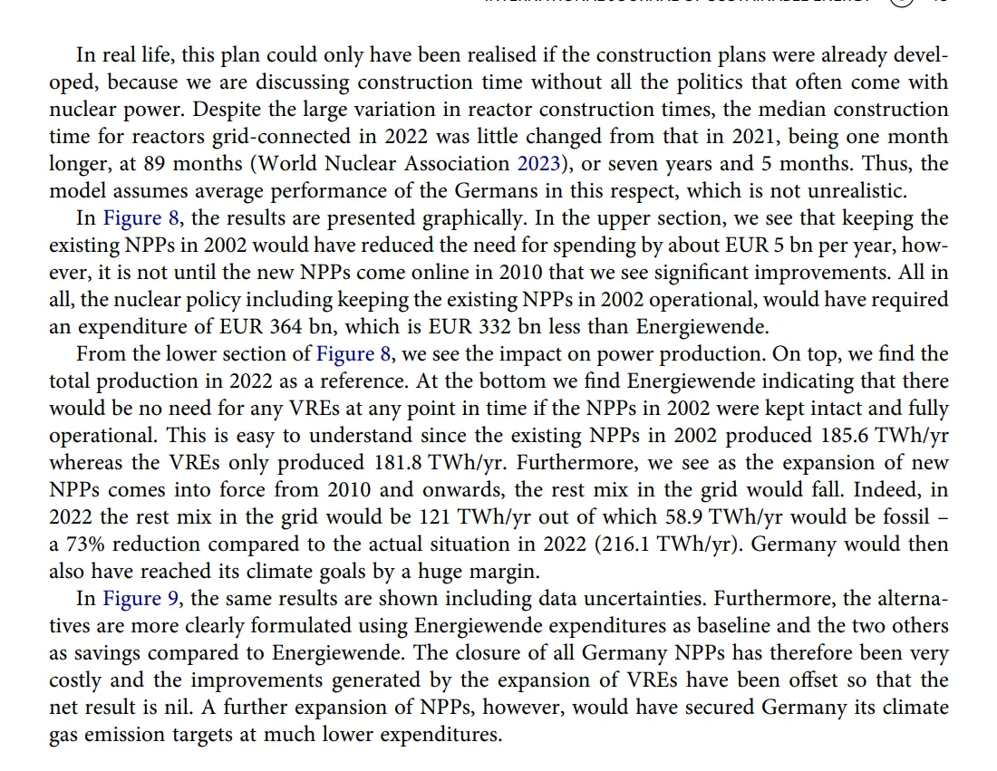 Despite the large variation in reactor construction times, the median construction time for reactors grid-connected in 2022 was little changed from that in 2021, being one month longer, at 89 months (World Nuclear Association 2023), or seven years and 5 months. Thus, the model assumes average performance of the Germans in this respect, which is not unrealistic.