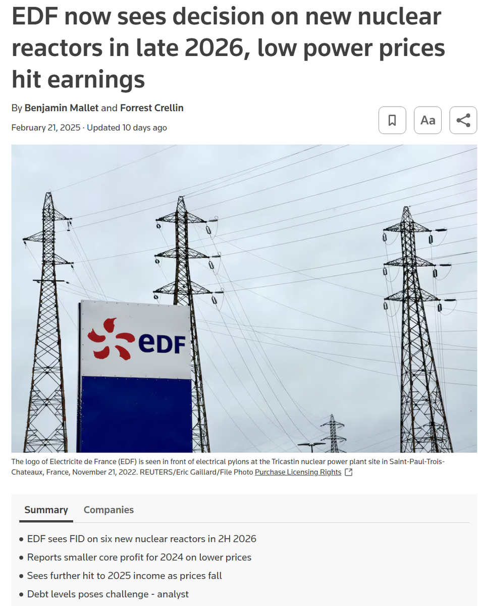 EDF now sees decision on new nuclear reactors in late 2026, low power prices hit earnings