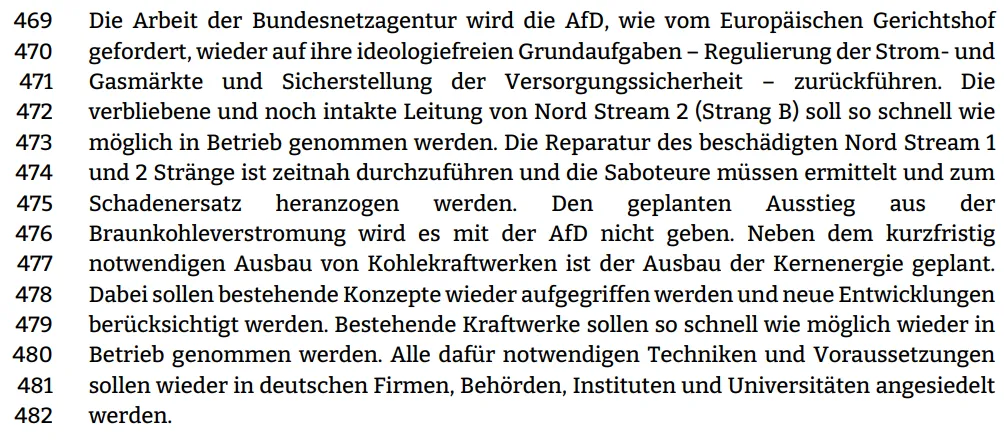 Die Arbeit der Bundesnetzagentur wird die AfD, wie vom Europäischen Gerichtshof gefordert, wieder auf ihre ideologiefreien Grundaufgaben – Regulierung der Strom- und  Gasmärkte und Sicherstellung der Versorgungssicherheit – zurückführen. Die verbliebene und noch intakte Leitung von Nord Stream 2 (Strang B) soll so schnell wie möglich in Betrieb genommen werden. Die Reparatur des beschädigten Nord Stream 1  und 2 Stränge ist zeitnah durchzuführen und die Saboteure müssen ermittelt und zum  Schadenersatz heranzogen werden. Den geplanten Ausstieg aus der Braunkohleverstromung wird es mit der AfD nicht geben. Neben dem kurzfristig  notwendigen Ausbau von Kohlekraftwerken ist der Ausbau der Kernenergie geplant. Dabei sollen bestehende Konzepte wieder aufgegriffen werden und neue Entwicklungen berücksichtigt werden. Bestehende Kraftwerke sollen so schnell wie möglich wieder in  Betrieb genommen werden. Alle dafür notwendigen Techniken und Voraussetzungen sollen wieder in deutschen Firmen, Behörden, Instituten und Universitäten angesiedelt werden. 