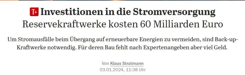 Investitionen in die Stromversorgung :Reservekraftwerke kosten 60 Milliarden Euro ([Hinweis: Die Summe ist völlig falsch.])