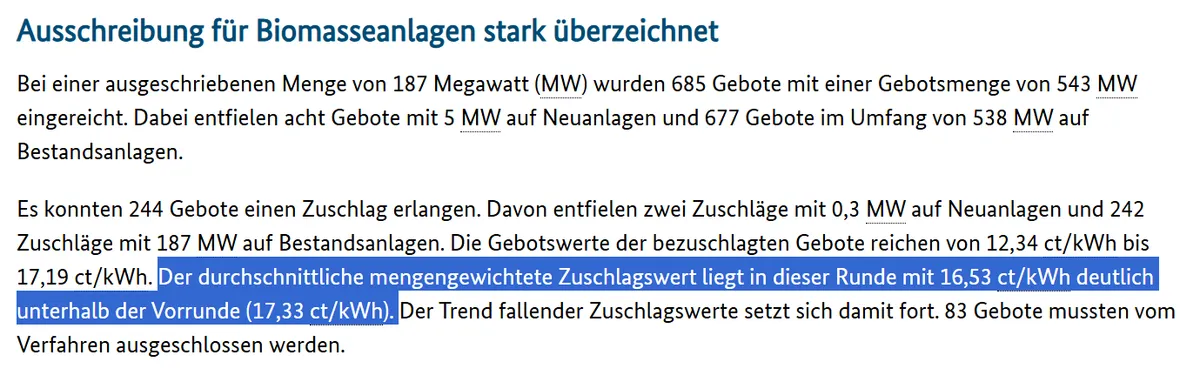 Ergebnisse der Ausschreibungen für Biomasseanlagen sowie für Biomethananlagen zum 1. April 2025