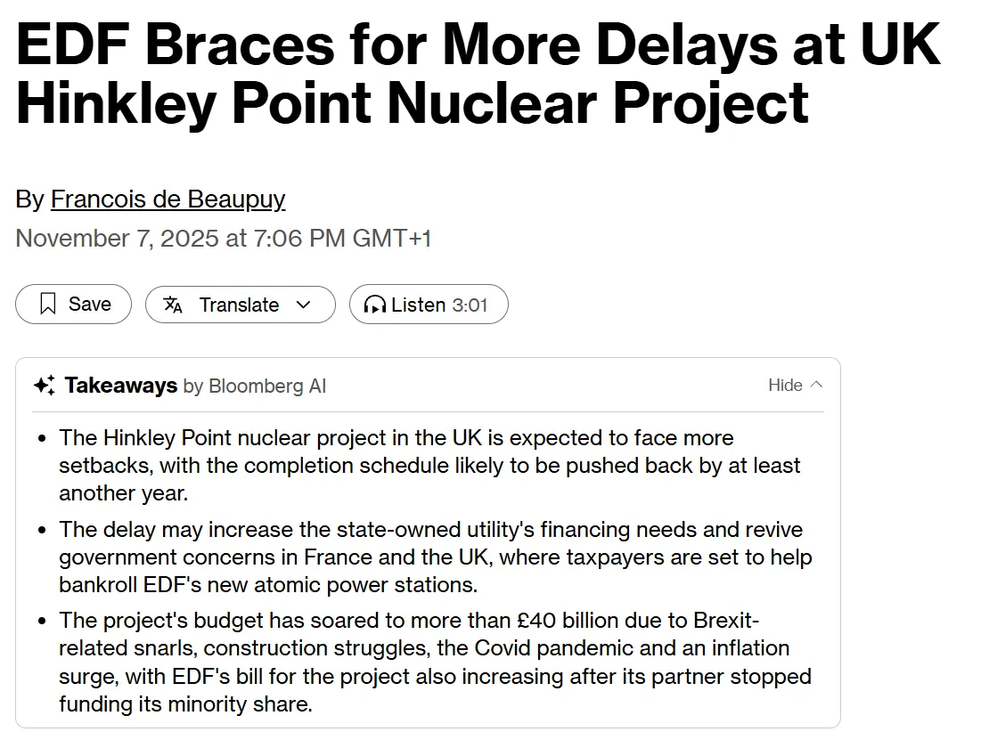 EDF rechnet mit weiteren Verzögerungen beim britischen Kernkraftwerksprojekt Hinkley Point