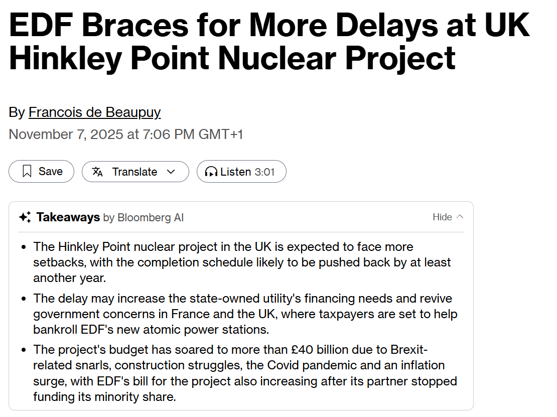 EDF rechnet mit weiteren Verzögerungen beim britischen Kernkraftwerksprojekt Hinkley Point