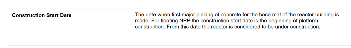 Das Datum, an dem der erste große Beton für die Fundamentplatte des Reaktorgebäudes gegossen wird. Bei schwimmenden Kernkraftwerken ist der Baubeginn der Beginn der Plattformkonstruktion. Ab diesem Datum gilt der Reaktor als im Bau befindlich.