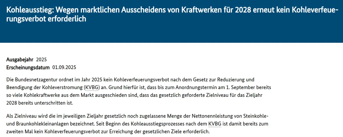 Kohleausstieg: Wegen marktlichen Ausscheidens von Kraftwerken für 2028 erneut kein Kohleverfeuerungsverbot erforderlich?