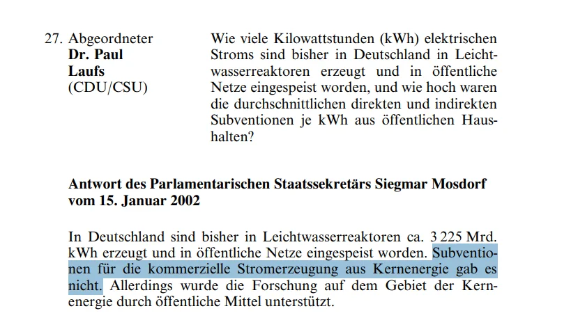 Antwort des Parlamentarischen Staatssekretärs Siegmar Mosdorf vom 15. Januar 2002 - In Deutschland sind bisher in Leichtwasserreaktoren ca. 3225 Mrd. kWh erzeugt und in öffentliche Netze eingespeist worden. Subventionen für die kommerzielle Stromerzeugung aus Kernenergie gab es nicht. Allerdings wurde die Forschung auf dem Gebiet der Kernenergie durch öffentliche Mittel unterstützt