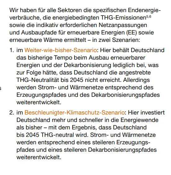 Seite 7 erklärt die beiden Szenarien. Weiter-wie-bisher vs. Beschleunigter-Klimaschutz