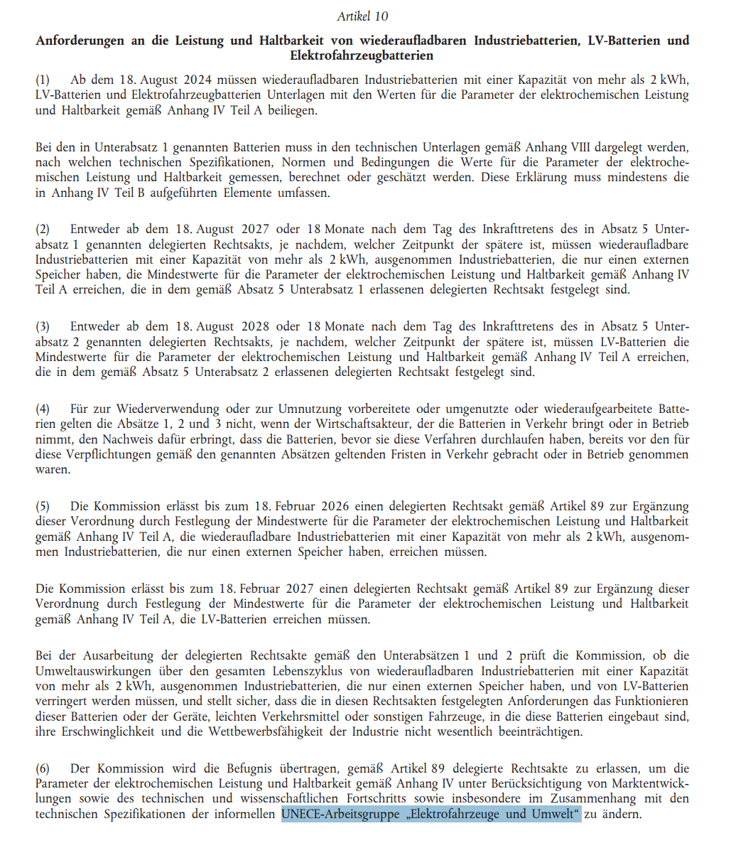 Anforderungen an die Leistung und Haltbarkeit von wiederaufladbaren Industriebatterien, LV-Batterien und Elektrofahrzeugbatterien - VERORDNUNG (EU) 2023/1542