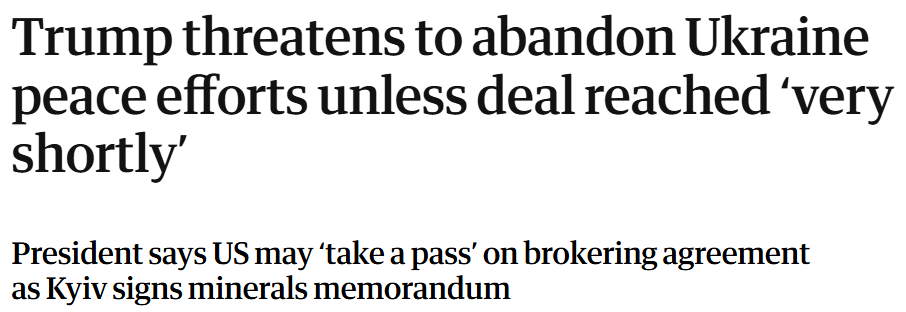 Trump droht, die Friedensbemühungen in der Ukraine aufzugeben, sofern nicht „innerhalb kürzester Zeit“ eine Einigung erzielt wird.