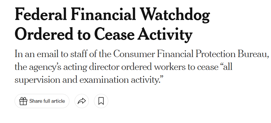 Federal Financial Watchdog Ordered to Cease Activity