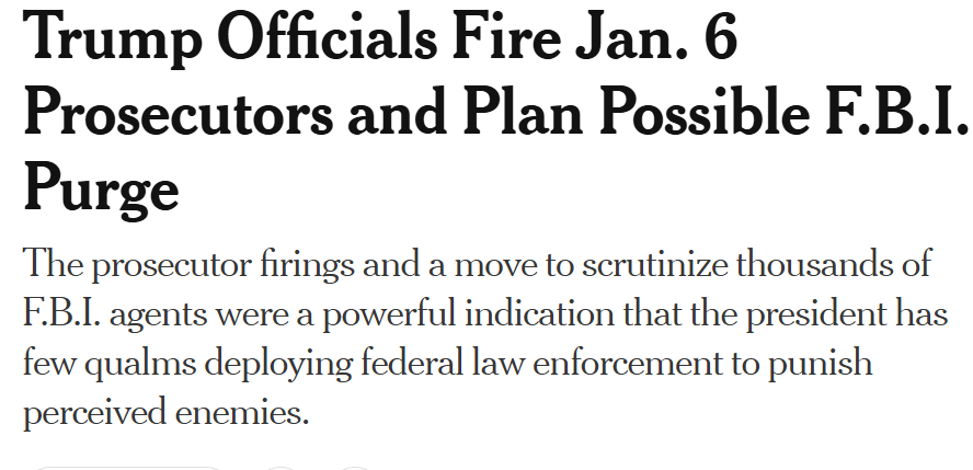 Trump feuert viele Angestellte des FBIs, die an Verurteilungen vom 6 Januar 2021 verantwortlich sind.