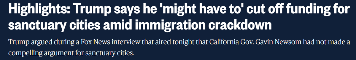 Trump says he 'might have to' cut off funding for sanctuary cities amid immigration crackdown