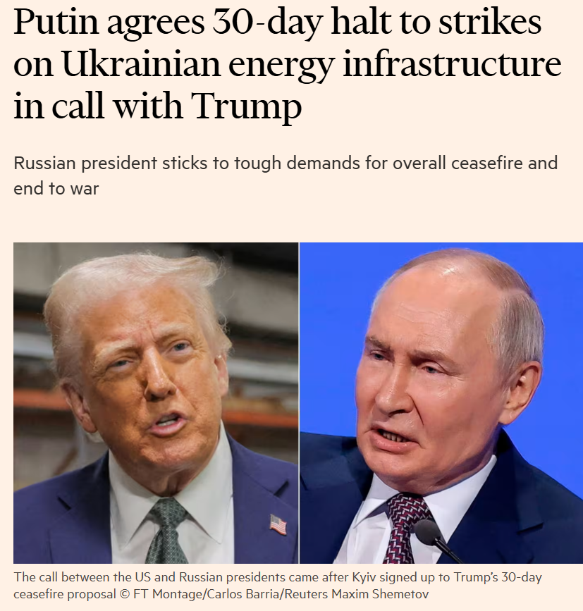 Putin agrees 30-day halt to strikes on Ukrainian energy infrastructure in call with Trump