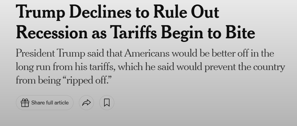 Trump Declines to Rule Out Recession as Tariffs Begin to Bite