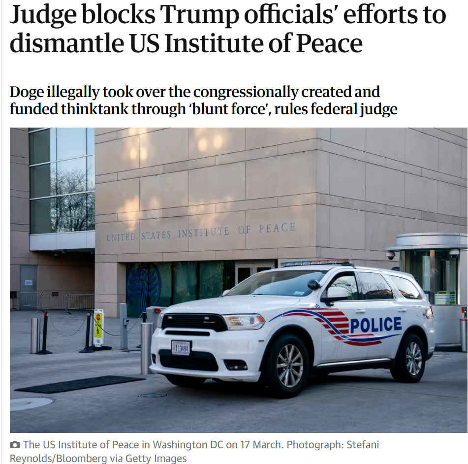 Richter blockiert Bemühungen von Trump-Beamten, das US-Institut für Frieden aufzulösen.