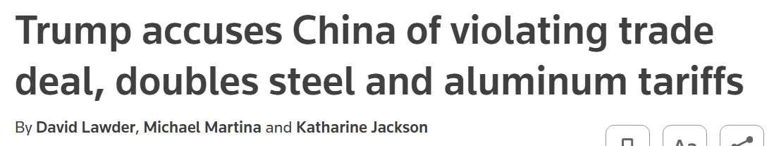 Trump wirft China Verletzung des Handelsabkommens vor und verdoppelt Zölle auf Stahl und Aluminium.