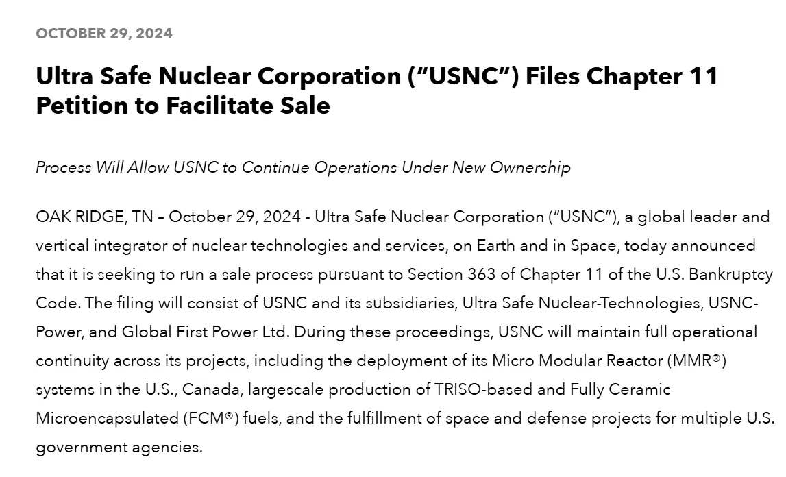 Ultra Safe Nuclear Corporation (“USNC”) Files Chapter 11 Petition to Facilitate Sale (Insolvenz)