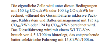 (...) während die Gesamtbatterie inklusive Pack- age, Kühlsystem und Batteriemanagement mit 185 kg CO2äq/kWh oder 124 kg CO2äq/kWh berechnet wird