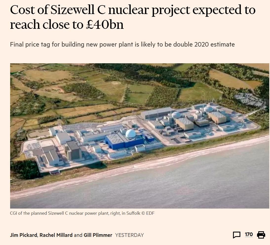 Cost of Sizewell C nuclear project expected to reach close to £40bn