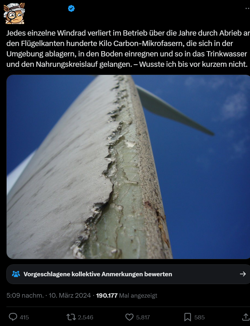 Unsinnsbehauptung, dass Windenergieanlagen (jedes davon) durch Abrieb hunderte Kilo Carbon-Mikrofasern verlieren würden.  Link dazu ist wie üblich bei Desinformation ein Link zu guter Musik, da diese Nonsensaussagen keine Klicks verdienen.