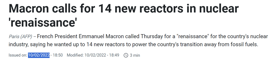 Macron calls for 14 new reactors in nuclear 'renaissance' 2022