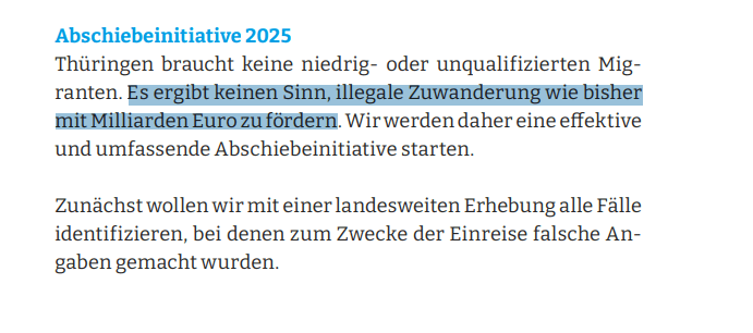 Blödsinn der AfD: Thüringen braucht keine niedrig- oder unqualifizierten Migranten. Es ergibt keinen Sinn, illegale Zuwanderung wie bisher mit Milliarden Euro zu fördern. Wir werden daher eine effektive und umfassende Abschiebeinitiative starten.