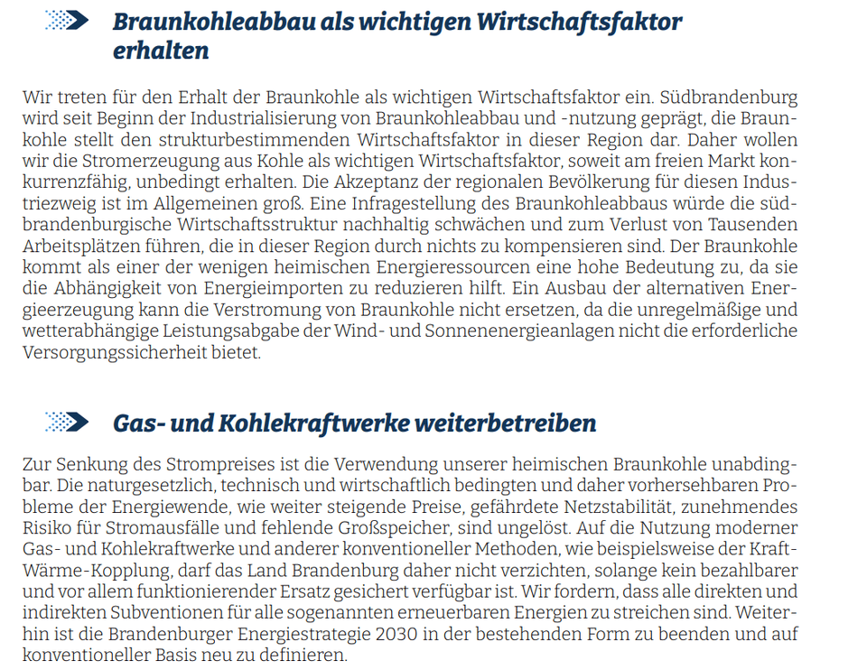 Gas- und Kohlekraftwerke weiterbetreiben und Braunkohleabbau als wichtigen Wirtschaftsfaktor erhalten