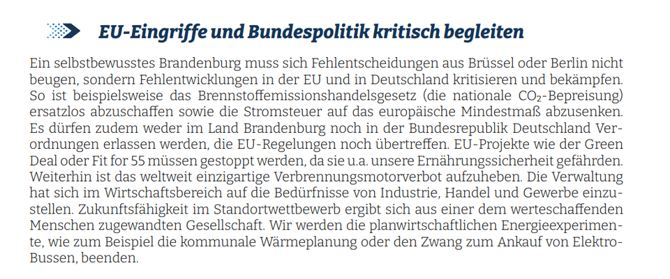 Weiterhin ist das weltweit einzigartige Verbrennungsmotorverbot aufzuheben. Die Verwaltung
hat sich im Wirtschaftsbereich auf die Bedürfnisse von Industrie, Handel und Gewerbe einzustellen. Zukunftsfähigkeit im Standortwettbewerb ergibt sich aus einer dem werteschaffenden
Menschen zugewandten Gesellschaft. Wir werden die planwirtschaftlichen Energieexperimente, wie zum Beispiel die kommunale Wärmeplanung oder den Zwang zum Ankauf von Elektrobussen, beenden.