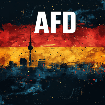 Eine Deutschlandflagge mit Visualisierung einer Stadt mit Aufdruck AFD.