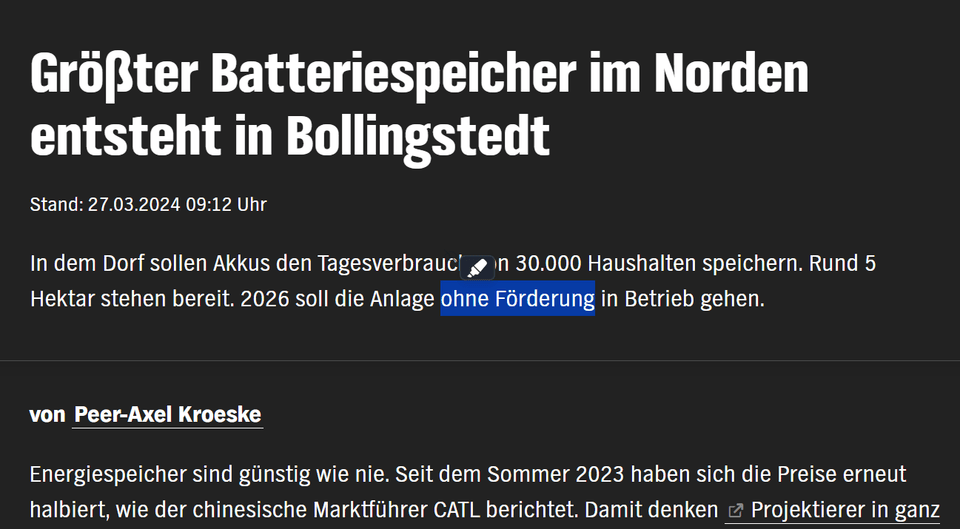 Größter Batteriespeicher im Norden entsteht in Bollingstedt OHNE FÖRDERUNG