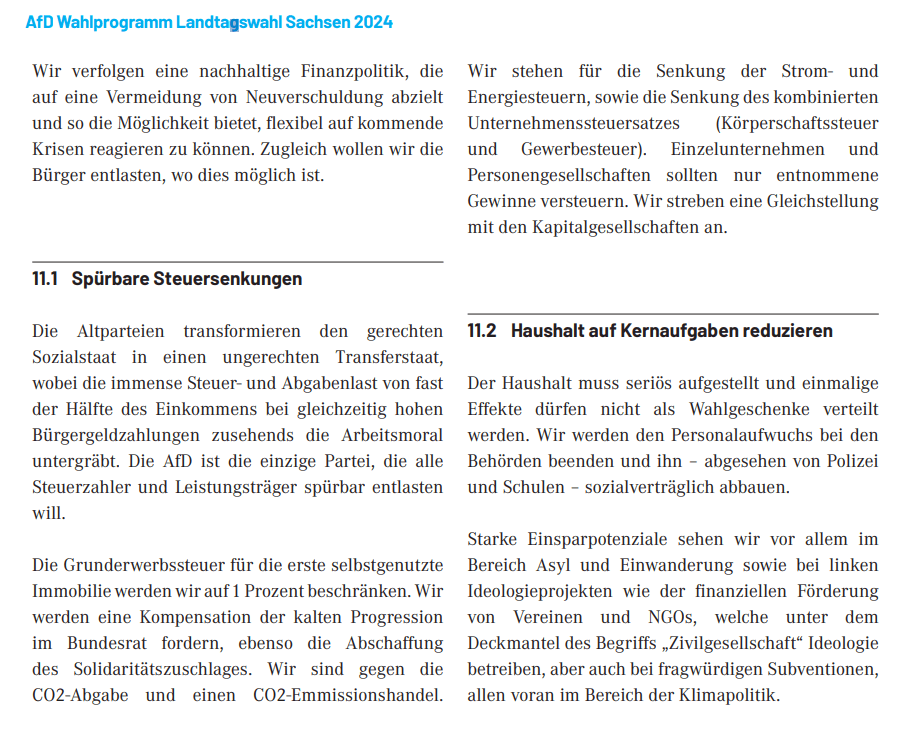 Die Altparteien transformieren den gerechten Sozialstaat in einen ungerechten Transferstaat, wobei die immense Steuer- und Abgabenlast von fast der Hälfte des Einkommens bei gleichzeitig hohen Bürgergeldzahlungen zusehends die Arbeitsmoral untergräbt. Die AfD ist die einzige Partei, die alle Steuerzahler und Leistungsträger spürbar entlasten will. Die Grunderwerbssteuer für die erste selbstgenutzte Immobilie werden wir auf 1 Prozent beschränken. Wir werden eine Kompensation der kalten Progression im Bundesrat fordern, ebenso die Abschaffung des Solidaritätszuschlages. Wir sind gegen die CO2-Abgabe und einen CO2-Emissionshandel.