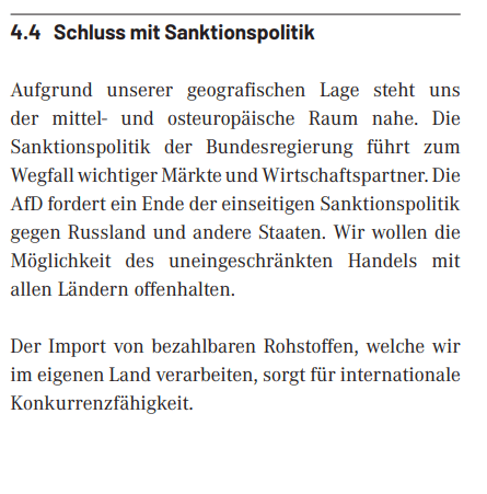 Aufgrund unserer geografischen Lage steht uns der mittel- und osteuropäische Raum nahe. Die Sanktionspolitik der Bundesregierung führt zum Wegfall wichtiger Märkte und Wirtschaftspartner. Die AfD fordert ein Ende der einseitigen Sanktionspolitik gegen Russland und andere Staaten. Wir wollen die Möglichkeit des uneingeschränkten Handels mit allen Ländern offenhalten. Der Import von bezahlbaren Rohstoffen, welche wir im eigenen Land verarbeiten, sorgt für internationale Konkurrenzfähigkeit.