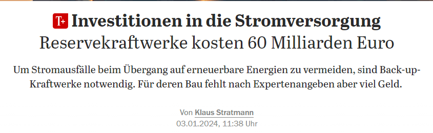 Investitionen in die Stromversorgung :Reservekraftwerke kosten 60 Milliarden Euro ([Hinweis: Die Summe ist völlig falsch.])