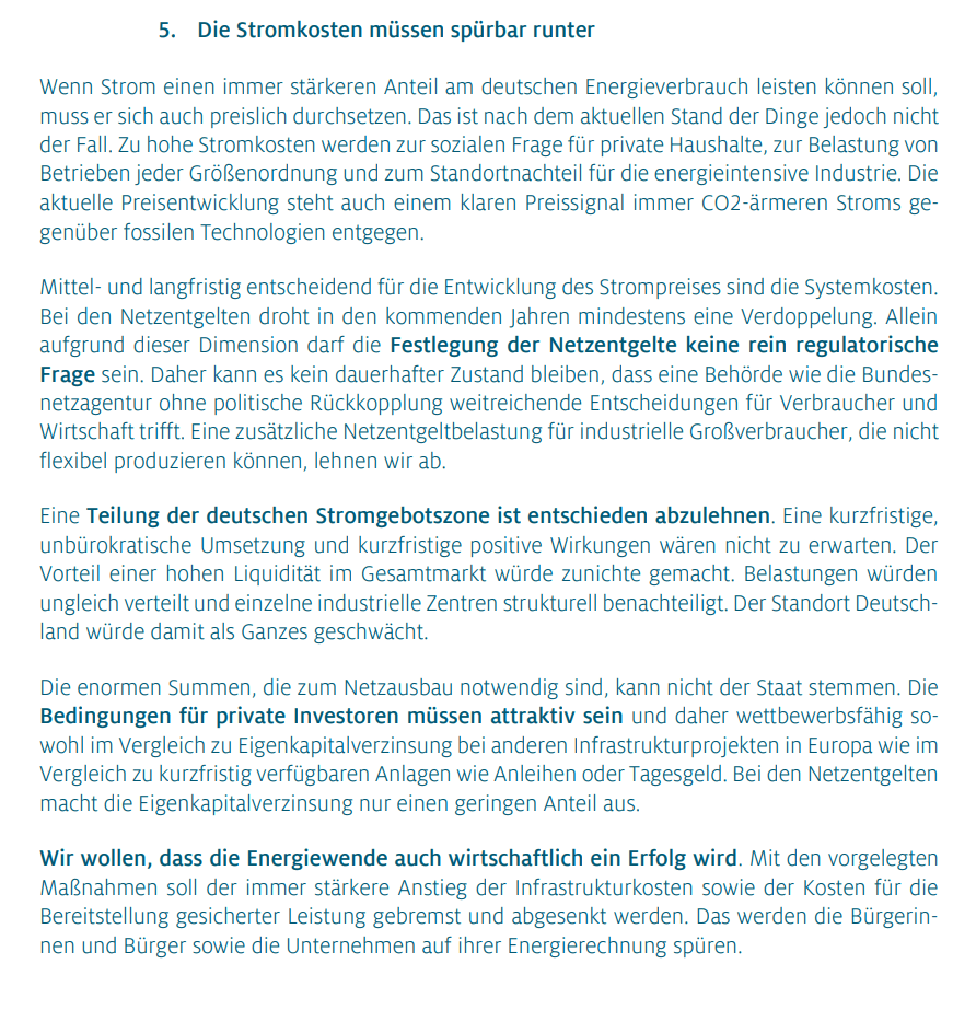 Wenn Strom einen immer stärkeren Anteil am deutschen Energieverbrauch leisten können soll, muss er sich auch preislich durchsetzen. Das ist nach dem aktuellen Stand der Dinge jedoch nicht der Fall. Zu hohe Stromkosten werden zur sozialen Frage für private Haushalte, zur Belastung von Betrieben jeder Größenordnung und zum Standortnachteil für die energieintensive Industrie. Die aktuelle Preisentwicklung steht auch einem klaren Preissignal immer CO2-ärmeren Stroms gegenüber fossilen Technologien entgegen.