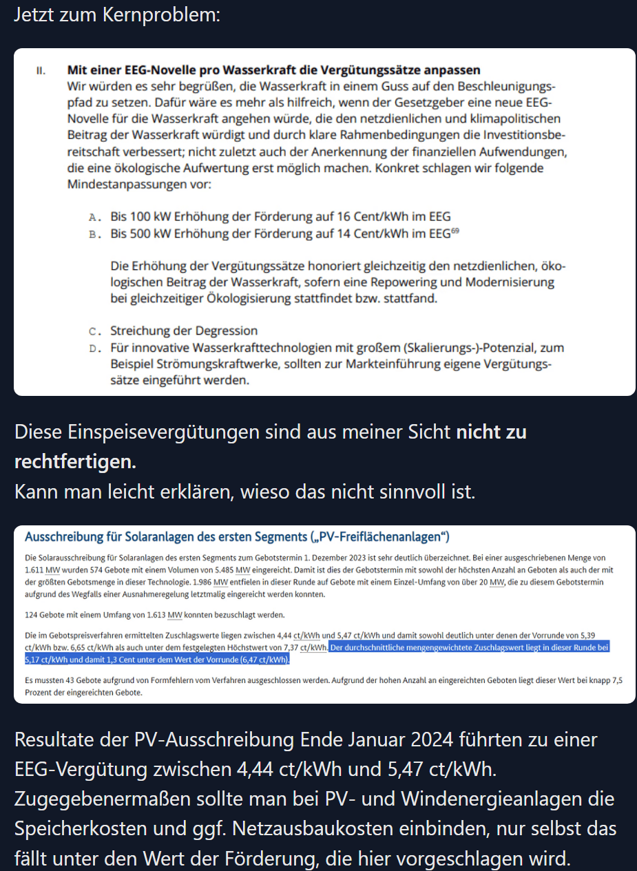 Wasserkraft braucht 16 Cent/kWh für Anlagen kleiner als 100 kW und 14 Cent für Anlagen bis 500 kW. PV braucht grade mal 5.