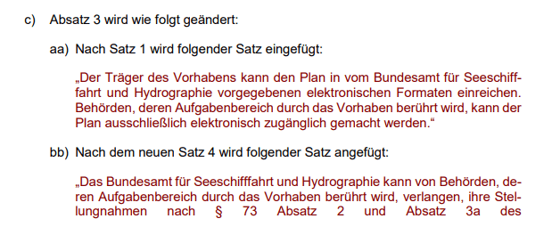 Der Träger des Vorhabens kann den Plan in vom Bundesamt für Seeschifffahrt und Hydrographie vorgegebenen elektronischen Formaten einreichen. Behörden, deren Aufgabenbereich durch das Vorhaben berührt wird, kann der Plan ausschließlich elektronisch zugänglich gemacht werden.