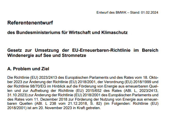 Gesetz zur Umsetzung der EU-Erneuerbaren-Richtlinie im Bereich Windenergie auf See und Stromnetze.