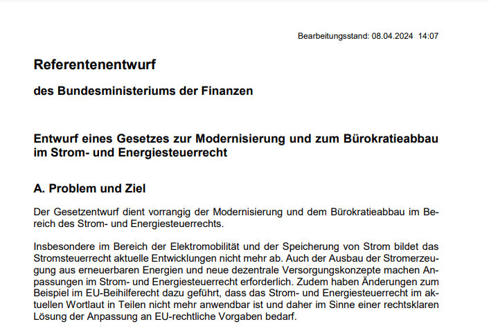 Entwurf eines Gesetzes zur Modernisierung und zum Bürokratieabbau im Strom- und Energiesteuerrecht von 08.04.2024