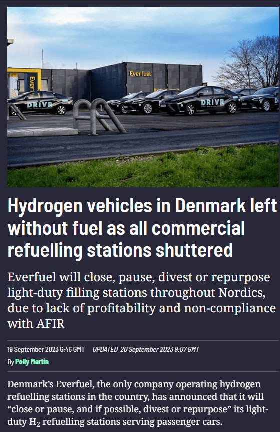 Artikel von Hydrogen Insight darüber, dass die einzige Wasserstofftankstelle in Dänemark wegen fehlender Wirtschaftlichkeit eingestellt wurde.