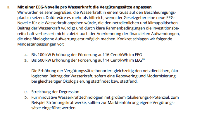 Mit einer EEG-Novelle pro Wasserkraft die Vergütungssätze anpassen.