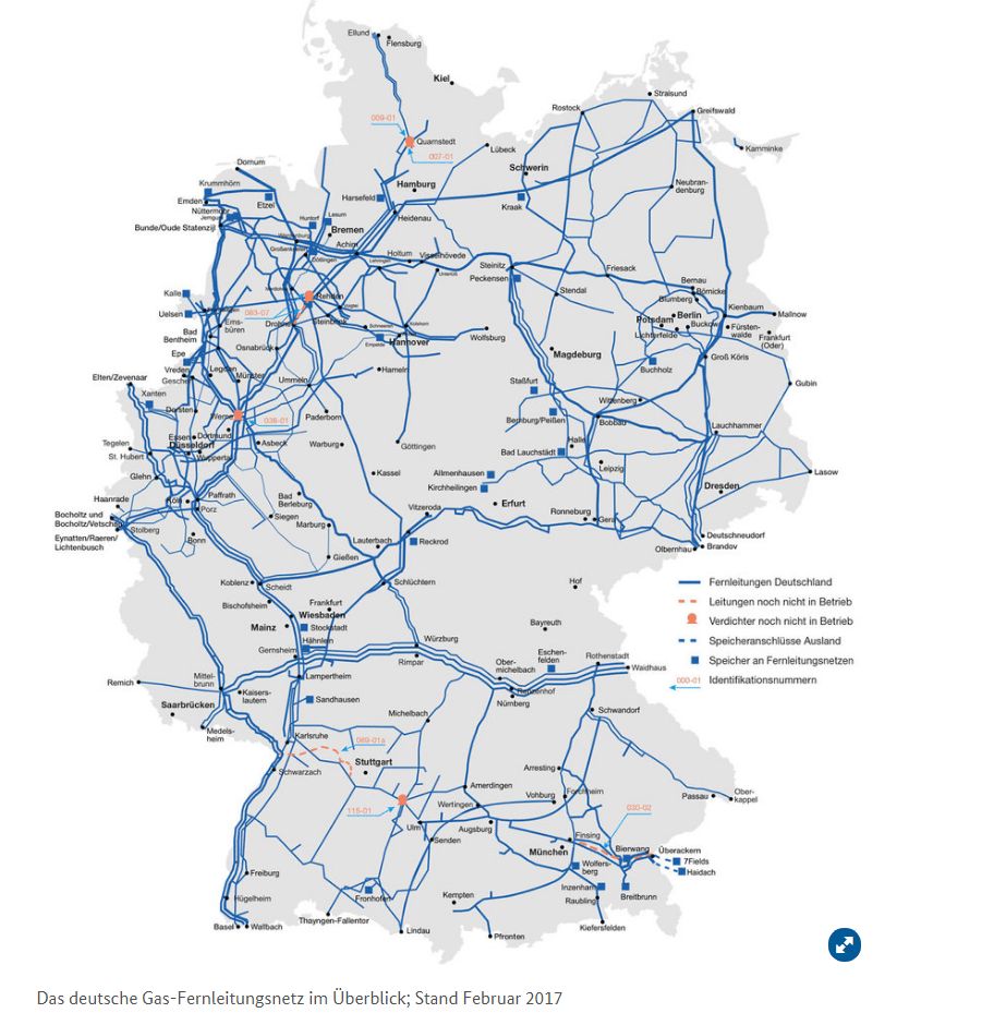 Das deutsche Gas-Fernleitungsnetz im Überblick; Stand Februar 2017