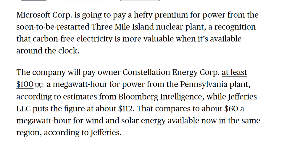 The company will pay owner Constellation Energy Corp. at least $100 a megawatt-hour for power from the Pennsylvania plant, according to estimates from Bloomberg Intelligence, while Jefferies LLC puts the figure at about $112. That compares to about $60 a megawatt-hour for wind and solar energy available now in the same region, according to Jefferies