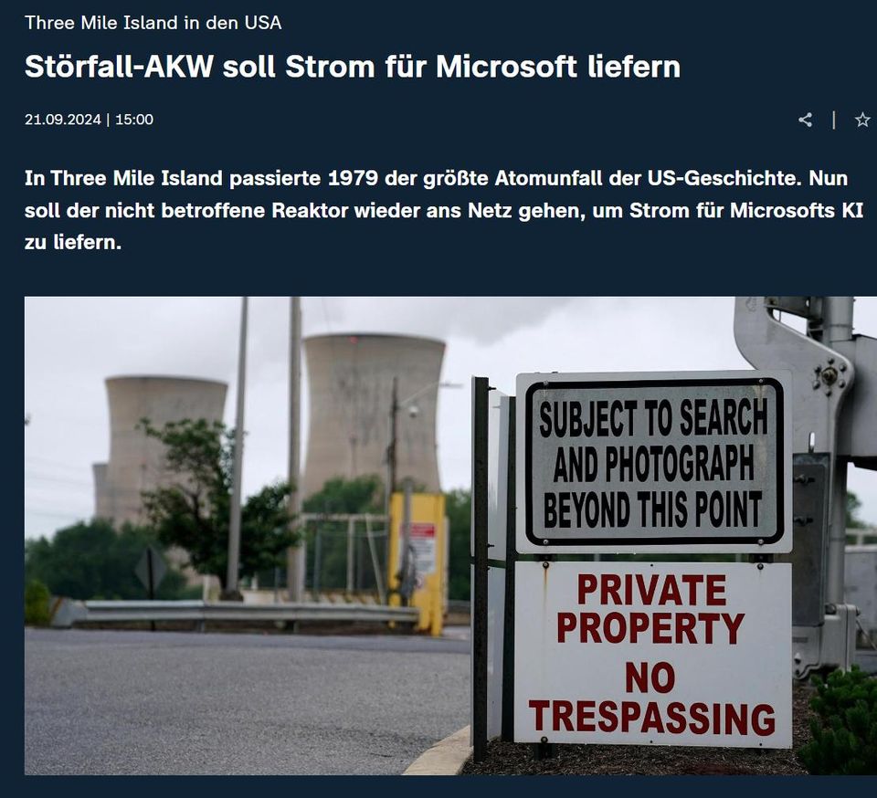 In Three Mile Island passierte 1979 der größte Atomunfall der US-Geschichte. Nun soll der nicht betroffene Reaktor wieder ans Netz gehen, um Strom für Microsofts KI zu liefern.