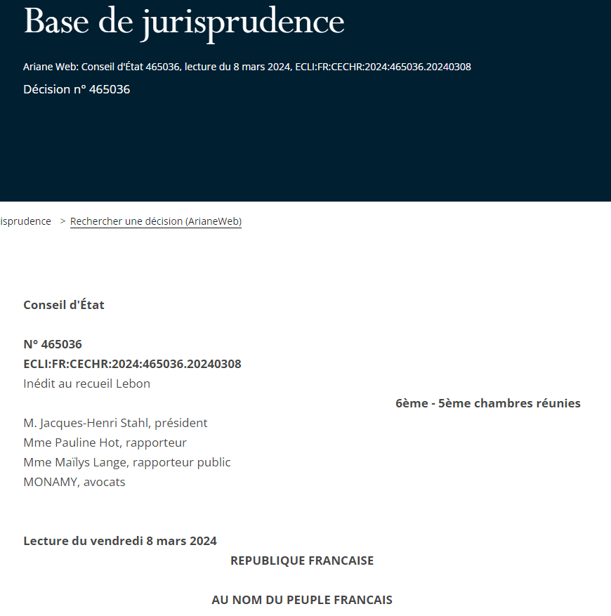 Conseil d'État 465036, lecture du 8 mars 2024, ECLI:FR:CECHR:2024:465036.20240308