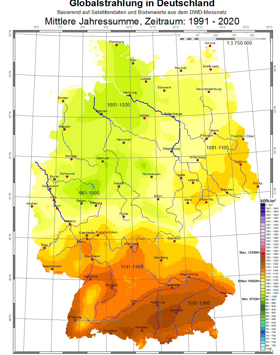 Strahlungskarten für Deutschland (Die Unterschiede zwischen Nord und Süddeutschland sind echt niedrig)