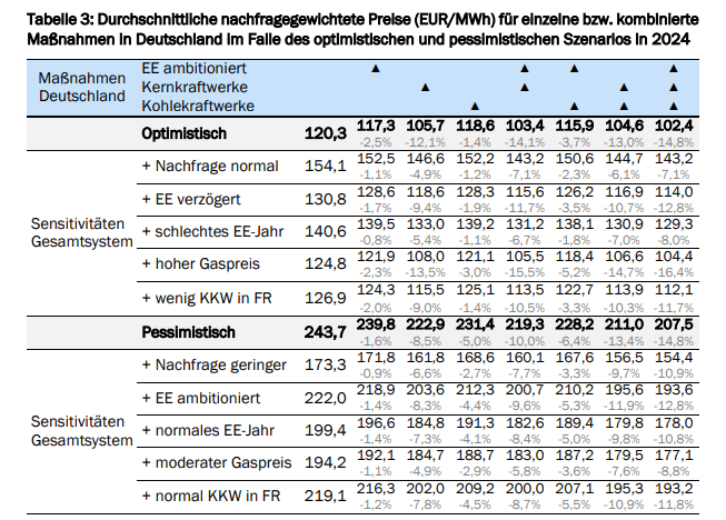 Tabelle 3: Durchschnittliche nachfragegewichtete Preise (EUR/MWh) für einzelne bzw. kombinierte
Maßnahmen in Deutschland im Falle des optimistischen und pessimistischen Szenarios in 2024