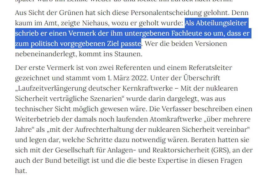 Als Abteilungsleiter schrieb er einen Vermerk der ihm untergebenen Fachleute so um, dass er zum politisch vorgegebenen Ziel passte