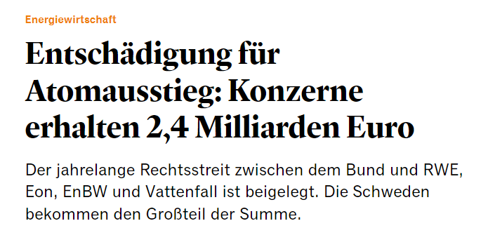 Entschädigung für Atomausstieg: Konzerne erhalten 2,4 Milliarden Euro )