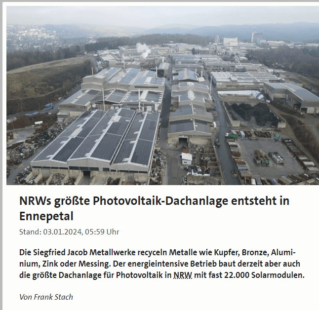 Die Siegfried Jacob Metallwerke recyceln Metalle wie Kupfer, Bronze, Aluminium, Zink oder Messing. Der energieintensive Betrieb baut derzeit aber auch die größte Dachanlage für Photovoltaik in NRW mit fast 22.000 Solarmodulen