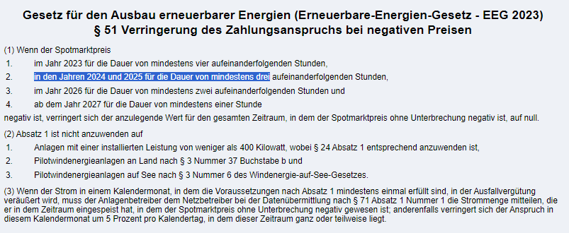 Wenn der Spotmarktpreis im Jahr 2023 für die Dauer von mindestens vier aufeinanderfolgenden Stunden, in den Jahren 2024 und 2025 für die Dauer von mindestens drei aufeinanderfolgenden Stunden, im Jahr 2026 für die Dauer von mindestens zwei aufeinanderfolgenden Stunden und ab dem Jahr 2027 für die Dauer von mindestens einer Stunde negativ ist, verringert sich der anzulegende Wert für den gesamten Zeitraum, in dem der Spotmarktpreis ohne Unterbrechung negativ ist, auf null.